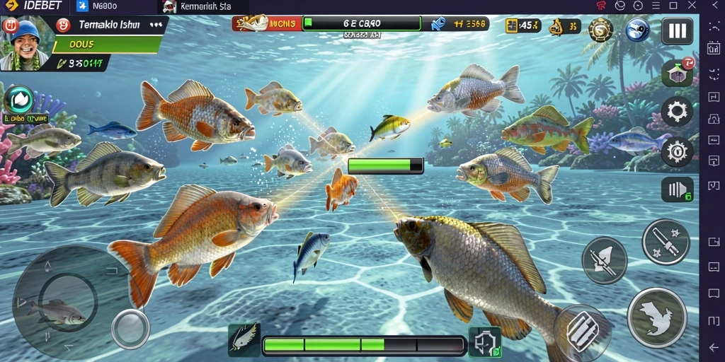 Tampilan gameplay IDEBET dengan aksi menembak ikan yang seru.