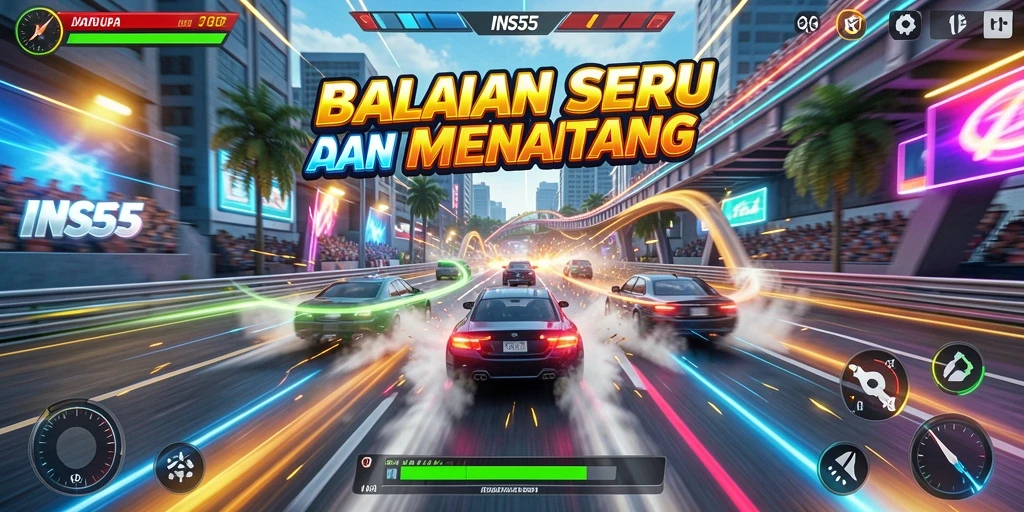 Screenshot dari gameplay INS55 menunjukkan aksi balapan yang mendebarkan.