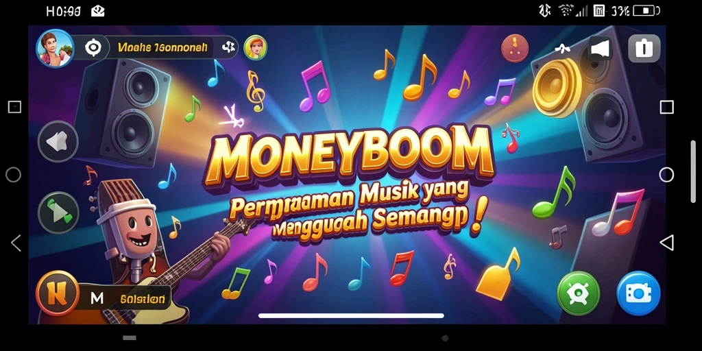 Tampilan layar utama <strong>MONEYBOOM</strong> dengan gameplay musik yang menyenangkan.