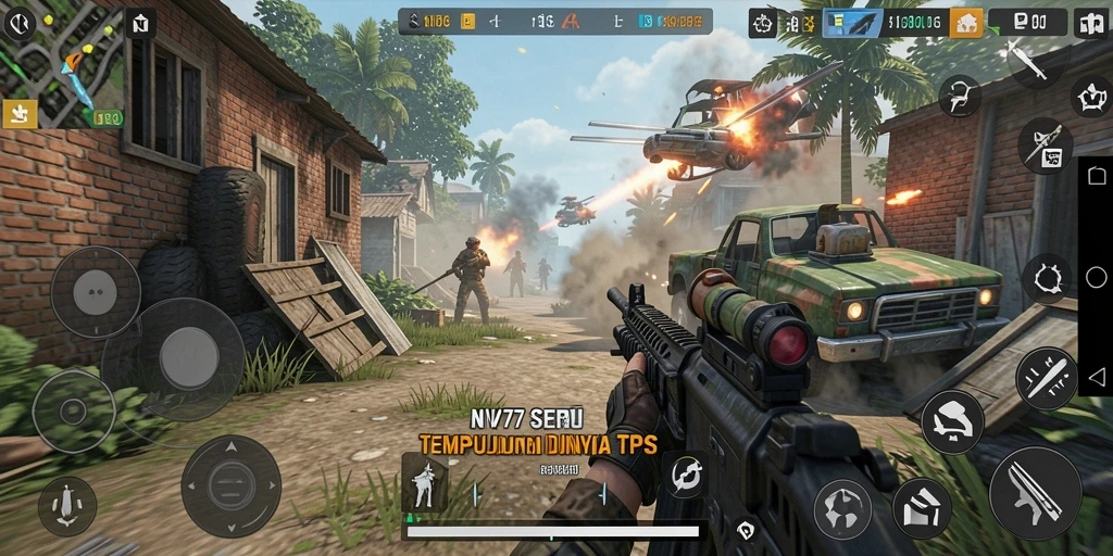 Screenshot gameplay NV77 menampilkan aksi pertempuran yang mendebarkan.