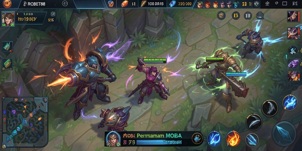 Screenshot gameplay PROBET88 menampilkan aksi pertempuran MOBA yang mendebarkan.