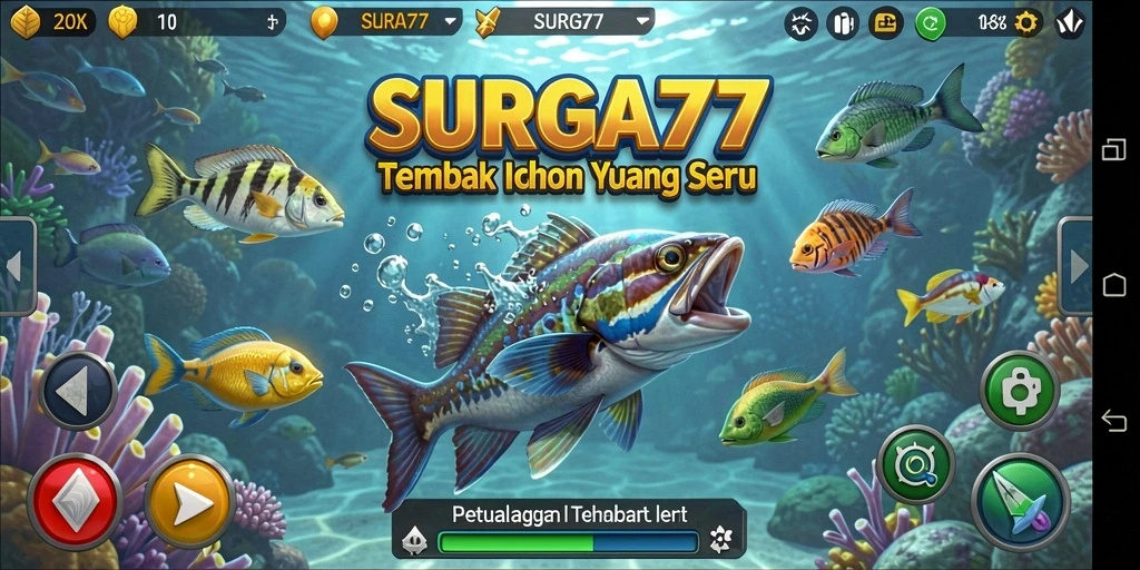 Screenshot gameplay SURGA77 yang menampilkan aksi menembak ikan.