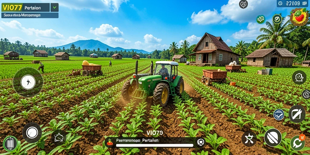 Tampilan gameplay VIO77 dengan ladang pertanian yang subur.