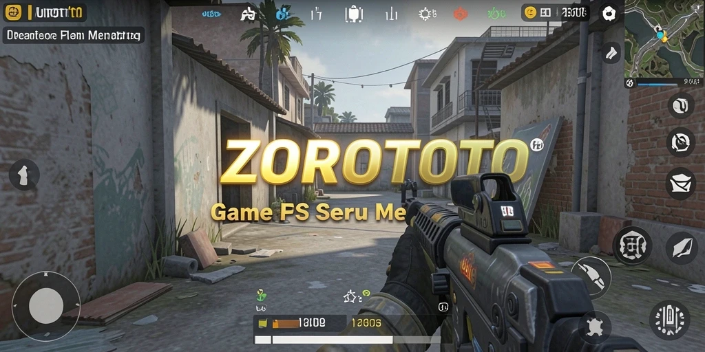 Screenshot utama ZOROTOTO menunjukkan aksi tembak-menembak intens di medan perang.